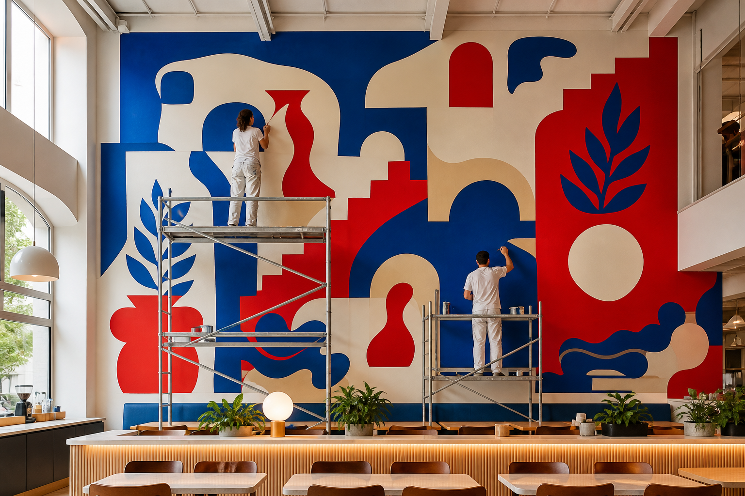 Fresque graphique peinte dans un café lyonnais