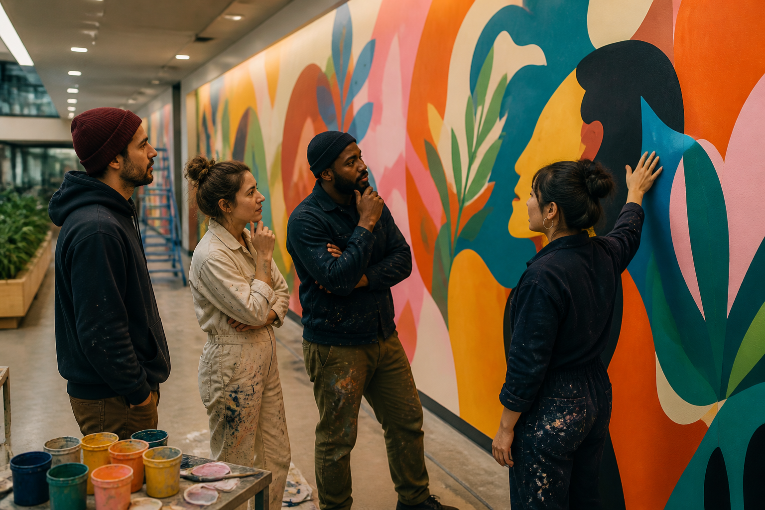 Équipe de muralistes devant une fresque